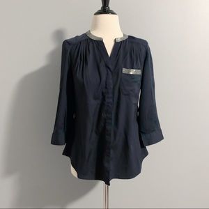 Banana Republic Navy Button Down Blouse w/ Silver Beading Detail Sz XS